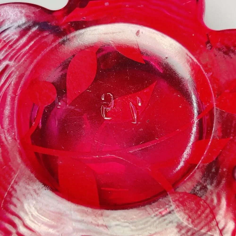 Y2K Vintage Iridescent Red Flower Design Glass Candle Holder Paper Weight 3”x1”h